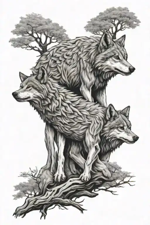 tree wolf father 2 daughters holding hands tattoo design idea