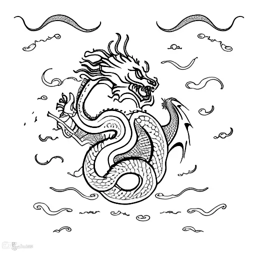 Dragon with cat head with long abstract tale; free-hand; minimalist sryle with soft lines; full body; long tale; top; tattoo design idea