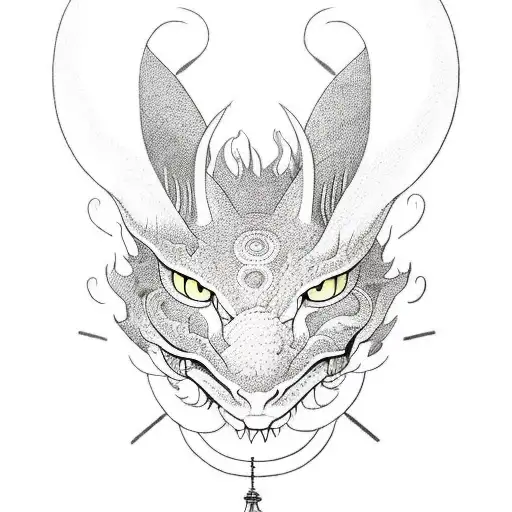 Dragon with cat head eith long abstract tale; free-hand; minimalist sryle with soft lines tattoo design idea