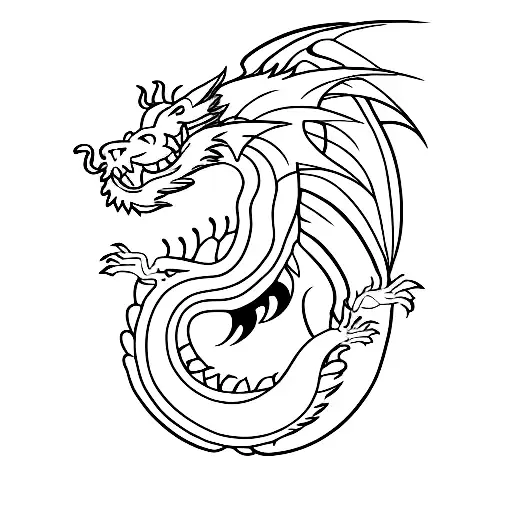 Dragon with cat head with long abstract tale; free-hand; minimalist sryle with soft lines tattoo design idea