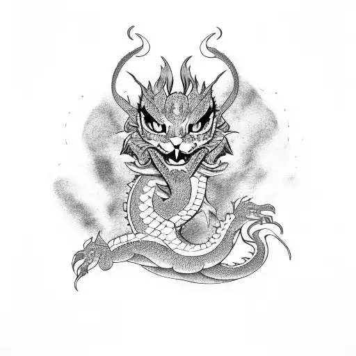 Dragon with cat head with long abstract tale; free-hand; minimalist sryle with soft lines; full body  tattoo design idea