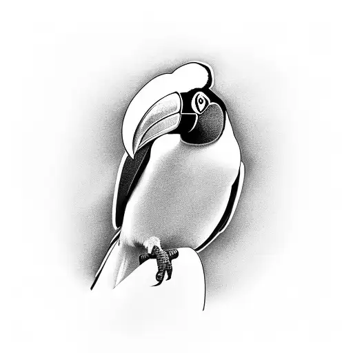 A minimalist black and grey tattoo of a toucan perched on a foot tattoo design idea