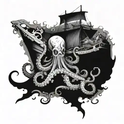 A mysterious underwater shipwreck with an octopus guarding its treasures tattoo design idea