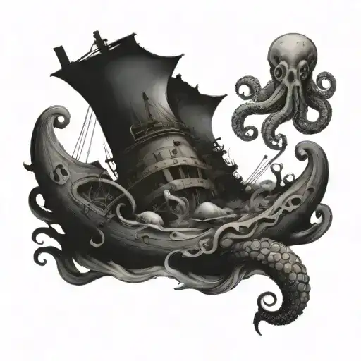 A mysterious underwater shipwreck with an octopus guarding its treasures tattoo design idea