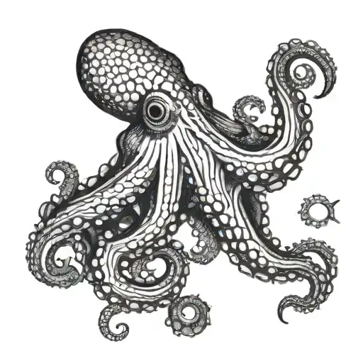 An octopus gracefully swimming through a school of fish in a deep sea underwater scene tattoo design idea