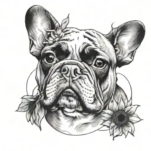 A tattoo with elements intertwined with Van Gogh's iconic sunflowers with a black and white French bulldog breed tattoo design idea