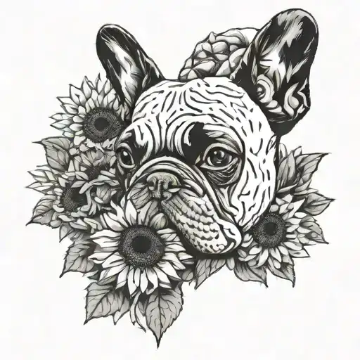 A tattoo with elements intertwined with Van Gogh's iconic sunflowers with a black and white French bulldog breed tattoo design idea