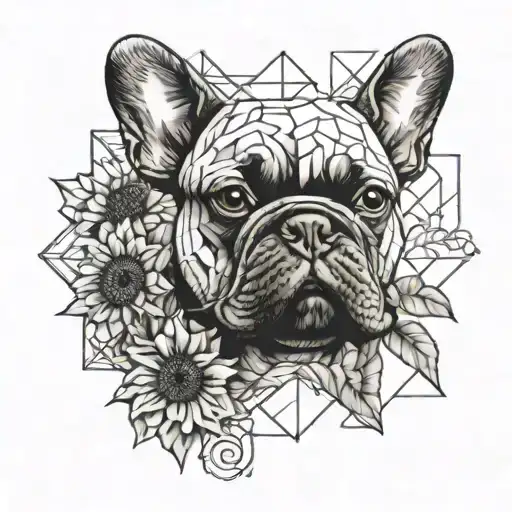 A tattoo with elements intertwined with Van Gogh's iconic sunflowers with a black and white French bulldog breed tattoo design idea
