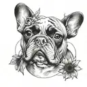 A tattoo with elements intertwined with Van Gogh's iconic sunflowers with a black and white French bulldog breed tattoo design idea