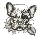 A tattoo with elements intertwined with Van Gogh's iconic sunflowers with a black and white French bulldog breed tattoo design idea