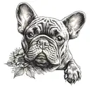 A tattoo with elements intertwined with Van Gogh's iconic sunflowers with a black and white French bulldog breed tattoo design idea