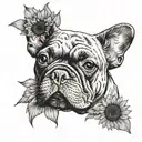 A tattoo with elements intertwined with Van Gogh's iconic sunflowers with a black and white French bulldog breed tattoo design idea