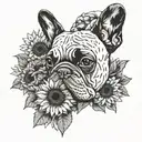 A tattoo with elements intertwined with Van Gogh's iconic sunflowers with a black and white French bulldog breed tattoo design idea