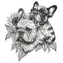 A tattoo with elements intertwined with Van Gogh's iconic sunflowers with a black and white French bulldog breed tattoo design idea