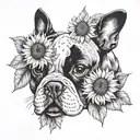 A tattoo with elements intertwined with Van Gogh's iconic sunflowers with a black and white French bulldog breed tattoo design idea