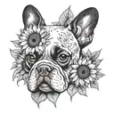 A tattoo with elements intertwined with Van Gogh's iconic sunflowers with a black and white French bulldog breed tattoo design idea