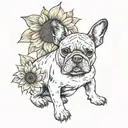 A tattoo with elements intertwined with Van Gogh's iconic sunflowers with a black and white French bulldog breed tattoo design idea