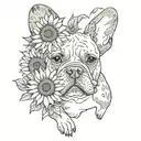A tattoo with elements intertwined with Van Gogh's iconic sunflowers with a black and white French bulldog breed tattoo design idea