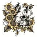 A tattoo with elements intertwined with Van Gogh's iconic sunflowers with a black and white French bulldog breed tattoo design idea