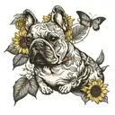 A tattoo with elements intertwined with Van Gogh's iconic sunflowers with a black and white French bulldog breed tattoo design idea