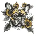 A tattoo with elements intertwined with Van Gogh's iconic sunflowers with a black and white French bulldog breed tattoo design idea