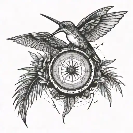 Humming bird carrying Compass, and palm trees in the background tattoo design idea