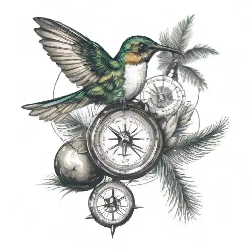 Humming bird carrying Compass, and palm trees in the background tattoo design idea