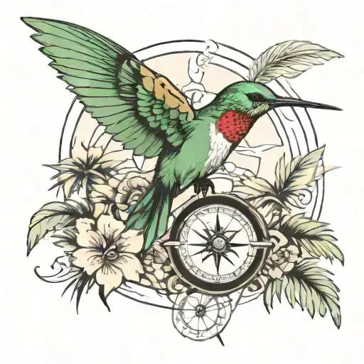 Humming bird carrying Compass, and palm trees in the background tattoo design idea