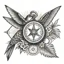 Humming bird carrying Compass, and palm trees in the background tattoo design idea