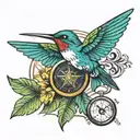 Humming bird carrying Compass, and palm trees in the background tattoo design idea