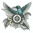 Humming bird carrying Compass, and palm trees in the background tattoo design idea