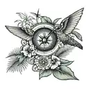 Humming bird carrying Compass, and palm trees in the background tattoo design idea