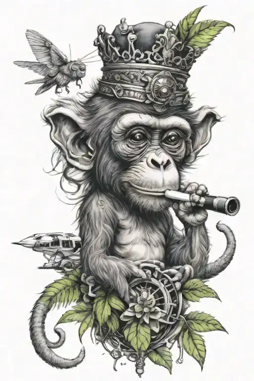 monkey with crown smoking weed joint and helicopter on top  tattoo design idea
