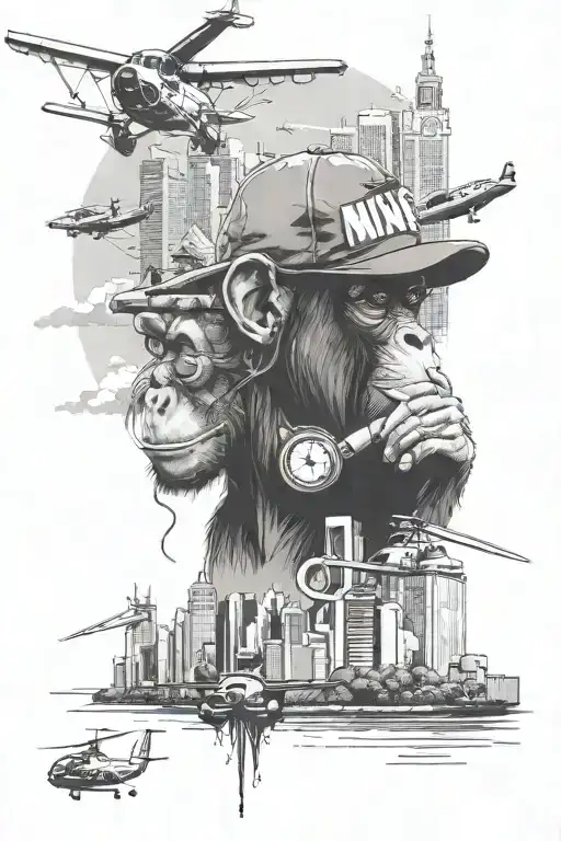 stylish monkey with nike hat smoking weed in a city skyline background with helicopters flying on top tattoo design idea