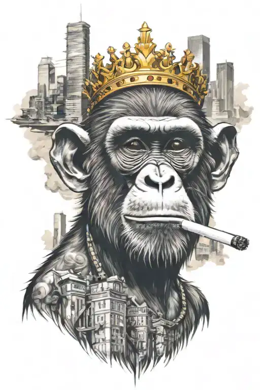 stylish monkey with crown smoking joint in a city skyline background with helicopter on top tattoo design idea