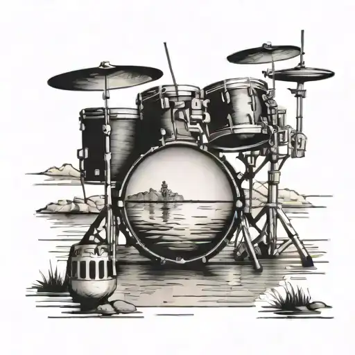 A detailed blackwork tattoo of a drum set surrounded by a serene lake scene tattoo design idea