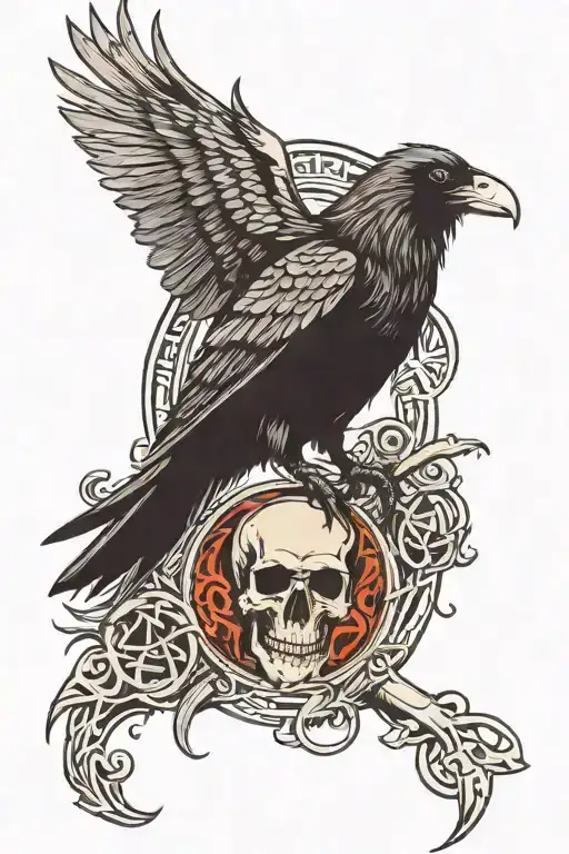 crow with viking skull and runes engraved tattoo design idea