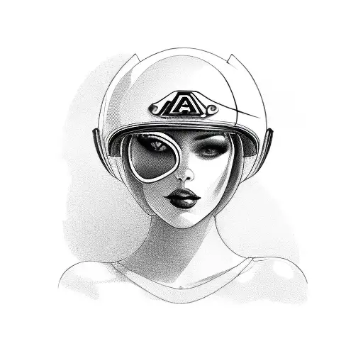 a sexy women full body and tight in her arma wearing a motocycle helmet tattoo design idea