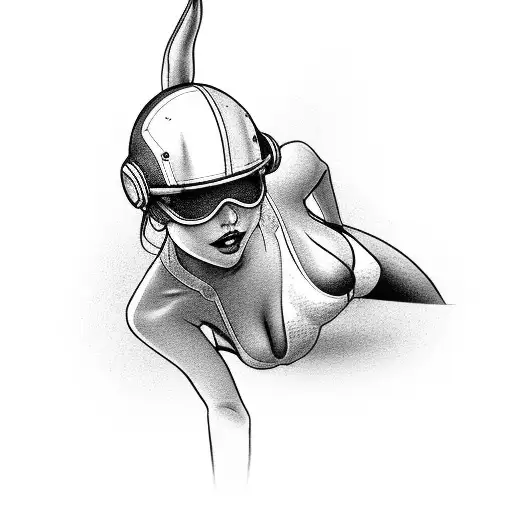 a sexy women full body and tight in her arma wearing a motocycle helmet tattoo design idea