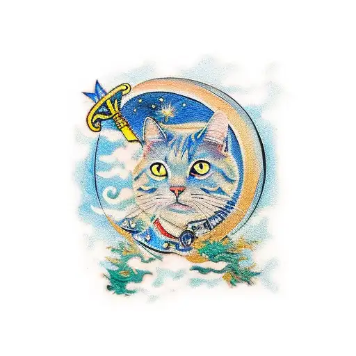 A traditional tattoo inspired by Van Gogh's Starry Night, showcasing a vintage car driving through a scenic countryside with a mischievous cat peeking out of the window tattoo design idea