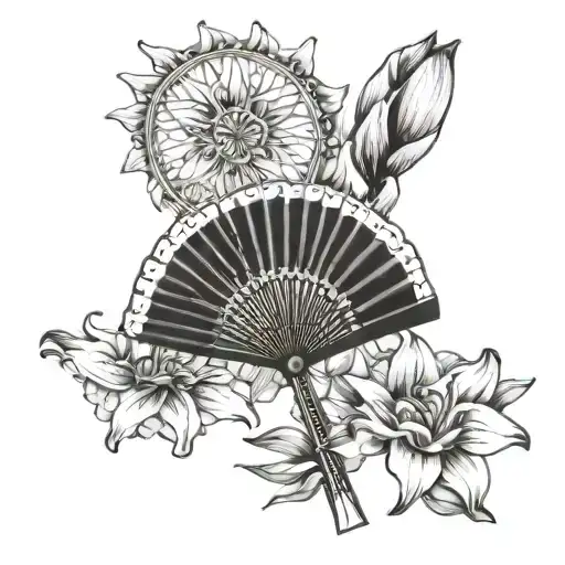 hand fan and lily flower and the sun tattoo design idea