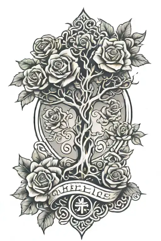 mexican tree of life intertwined with a cross made from its roots and into roses tattoo design idea