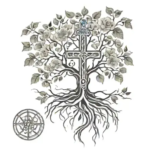 mexican tree of life with a cross underneath with my mother and grandmothers name on the sides made out of the roots tattoo design idea