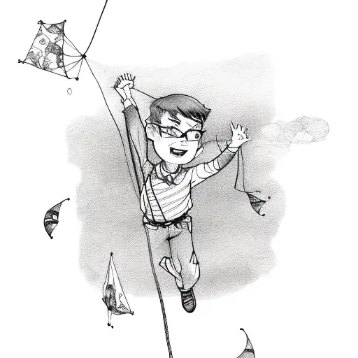 a Boy with a kite Running and looking up  tattoo design idea