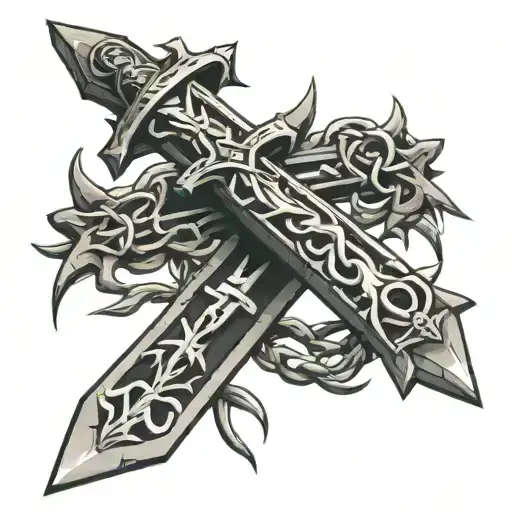crown of thorns wrapping around a sword that looks like a cross tattoo design idea