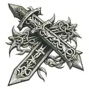 crown of thorns wrapping around a sword that looks like a cross tattoo design idea