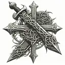 crown of thorns wrapping around a sword that looks like a cross tattoo design idea