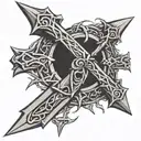 crown of thorns wrapping around a sword that looks like a cross tattoo design idea