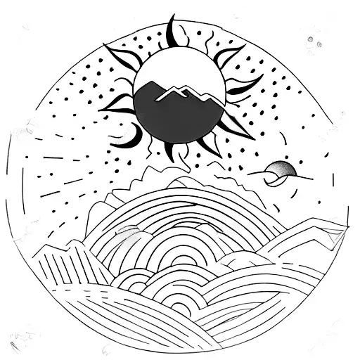 A minimalist tattoo of the skyline of Rio de Janeiro with the sun and moon above it. tattoo design idea