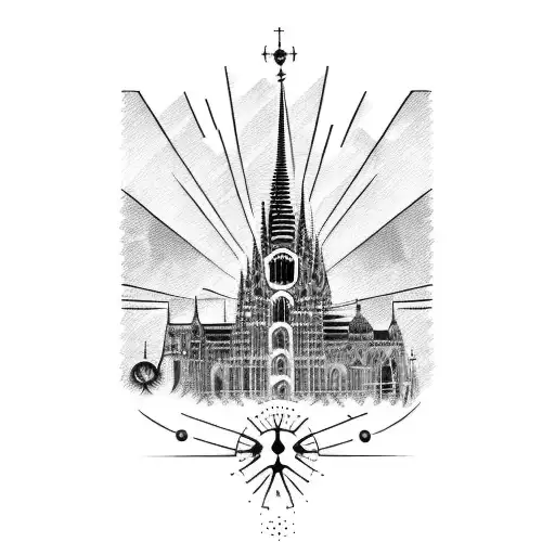 A blackwork tattoo featuring a mechanical representation of the Kölner Dom surrounded by industrial elements tattoo design idea